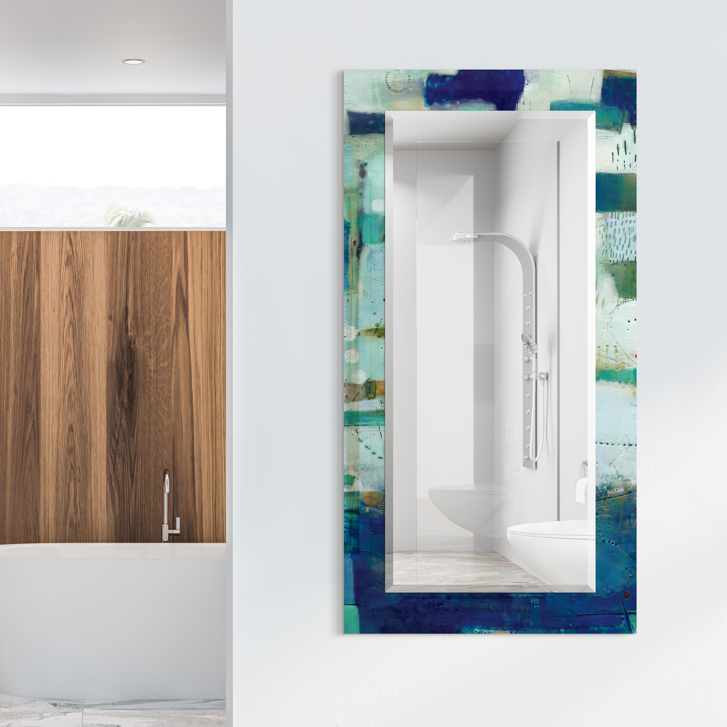 Empire Art Direct Crore Rectangular Beveled Mirror on Free Floating Printed Tempered Art Glass - Clear - 54" x 28"