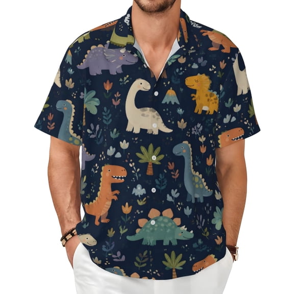Cute Dinosaur Men's Shirts Short-Sleeved with All-Over Prints Button-Up Shirts