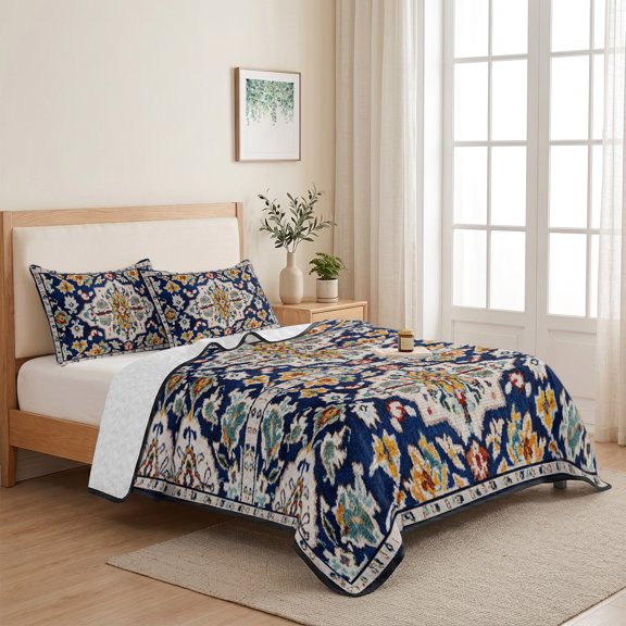 3 Piece Summer Bed Quilt Set Twin XL Size,Vintage Bohemian Floral Pattern Lightweight Bedspread Coverlet with 2 Pillowcases Traditional Ethnic Style Soft Comforter Bedding Quilts for All Season