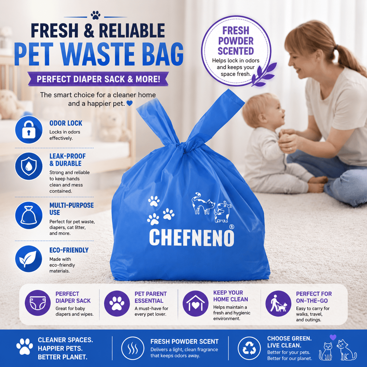 Disposable Dog Poop Waste Bags Cat Litter Clump & Poop Bags with Easy-tie Handles (500 count)  Fresh Powder Scented Bulk Poop Bags (Blue, 500 ct.)