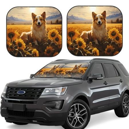 Hirioo Pastoral Sunflower Corgi for 2PCS Windshield Sun Shade Foldable | Front Windshield Shade for Sun Heat and UV Rays-Small