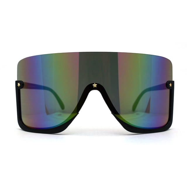 Extra Oversized Warp Curved Shield Upside Down Half Rim Sunglasses Black Rainbow Mirror
