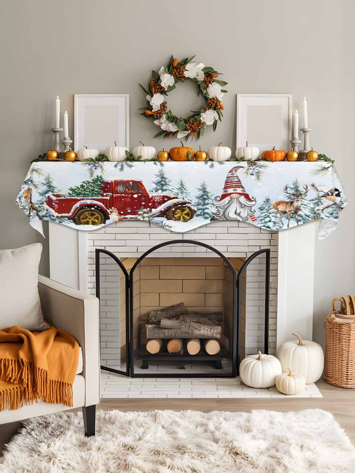 Christmas Fireplace Mantle Scarf Xmas Gnome Truck Pine Tree Leaf Animals Blue Snow Mantel Cover Runner Fireplace Cloth for Holiday Party Home Living Room Decor 70 x 17 Inch