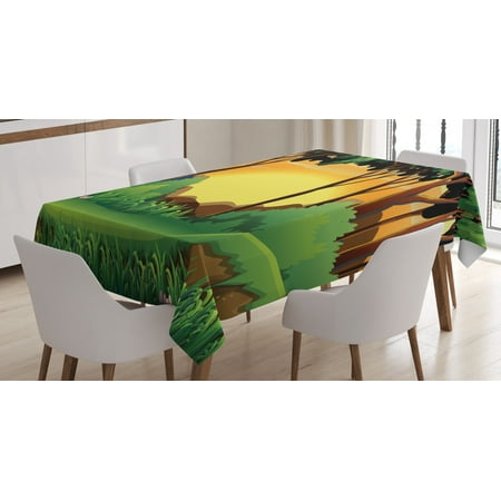 

Forest Tablecloth Cartoon Sunset over Hills Tree Spring Season Inspirations Green Bushes Rectangular Table Cover for Dining Room Kitchen 60 X 90 Inches Green Caramel Yellow by Ambesonne