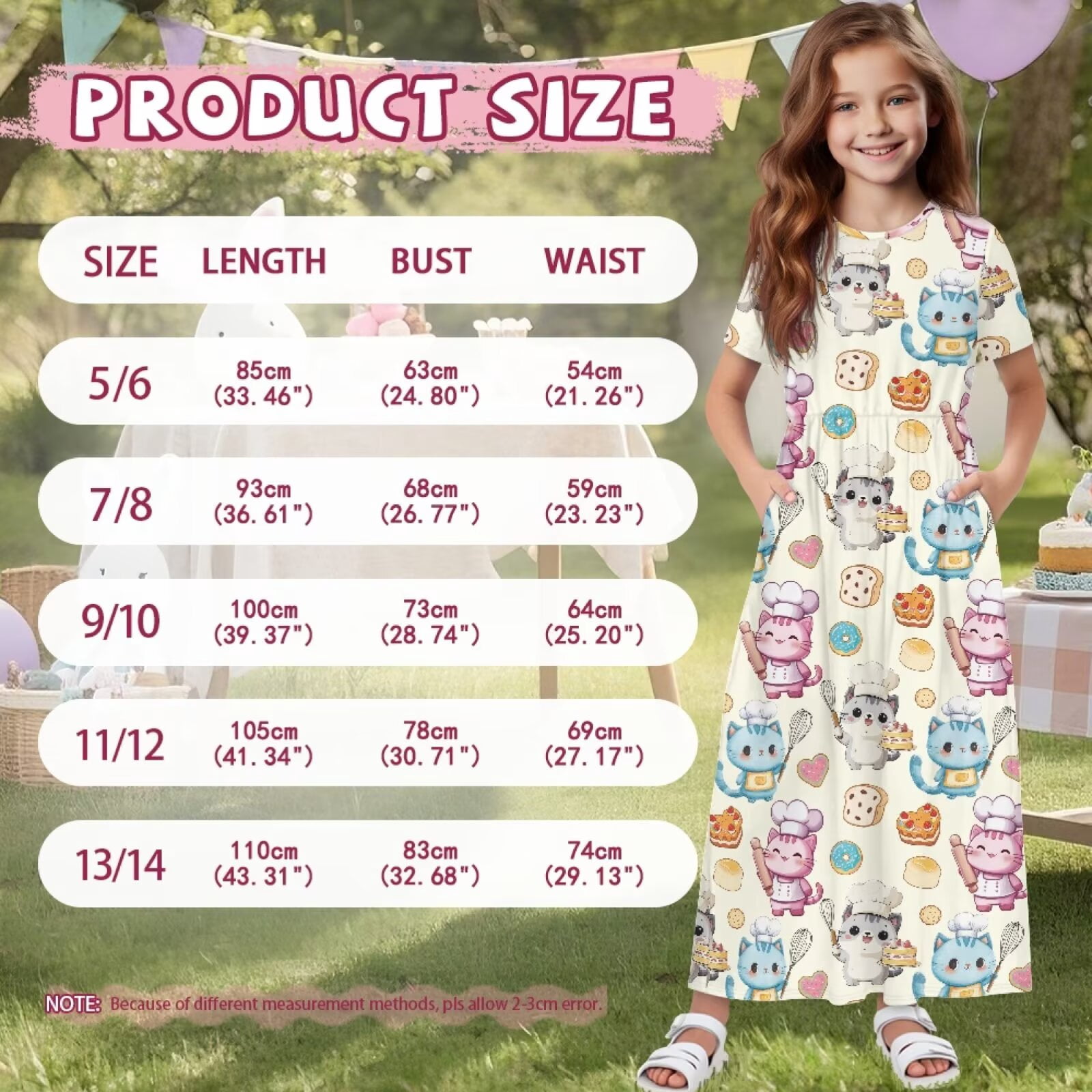 Uourmeti Girl's Short Sleeve Cartoon Cat Cook Print Crew Neck Loose Casual Long Maxi Dress with Pockets Toddler Girls Sundress Clothes, Size 13-14 Years