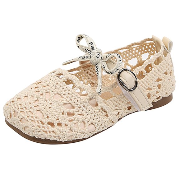 AUDeals Girls Closed Toe Crochet Lace Mary Jane Flats Breathable Summer Flat Shoes Casual Dress Footwear (Beige, 2-2.5Years)