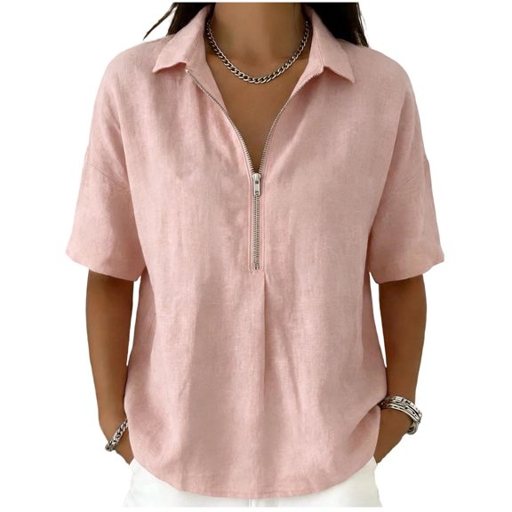 jjayotai Cotton Tops for Women Short Sleeve Shirts Quarter Zip Blouses V Neck Loose Fitted T Shirts Dressy Casual Summer Tees