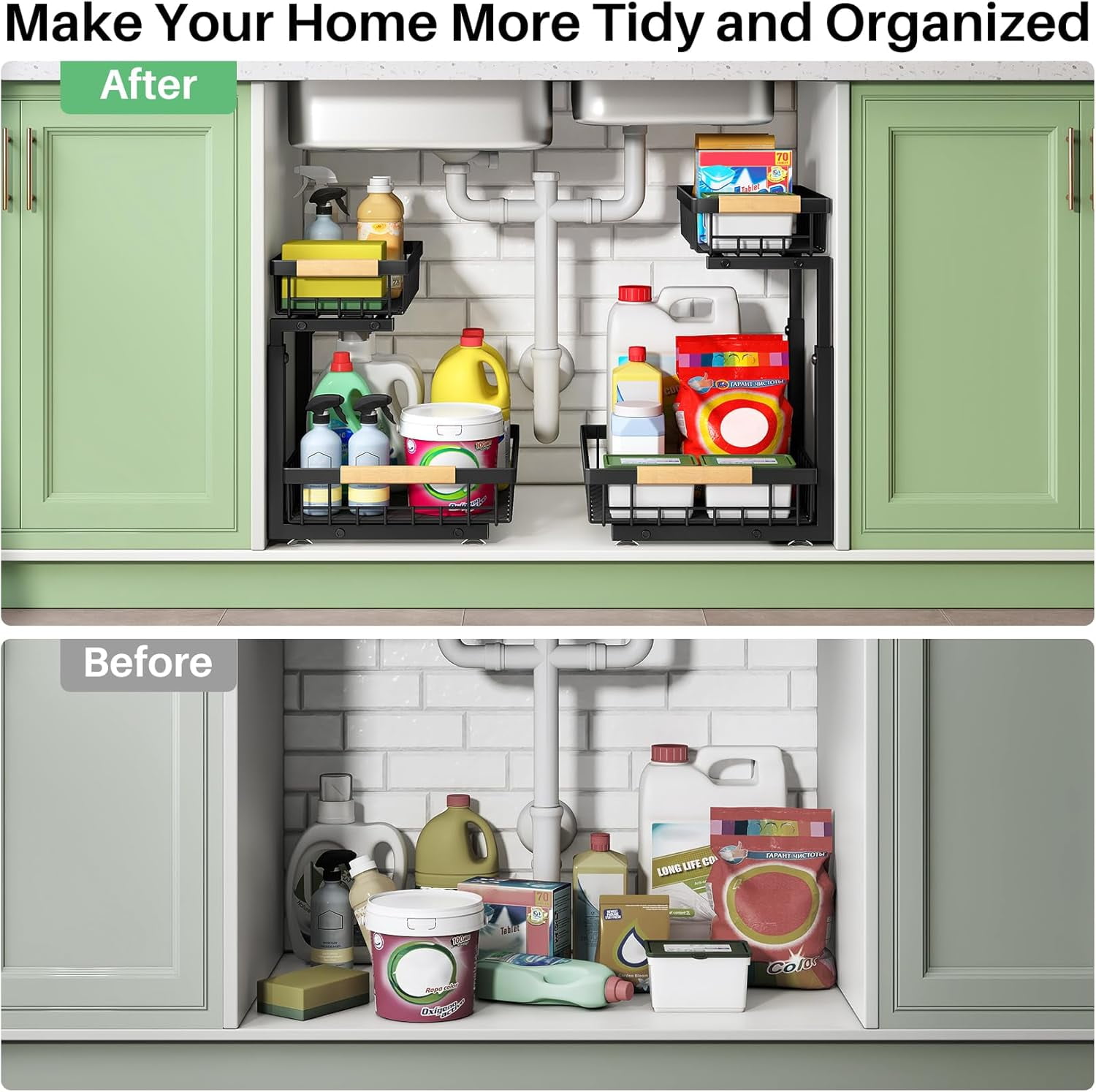 Pull out Cabinet Organizer, 2 Tier Under Sink Organizer, Slide out Metal Kitchen Cabinet Organizers Drawer Shelf, Sliding Storage Shelves for Kitchen Bathroom Pantry Cabinet Closet Organization Rack