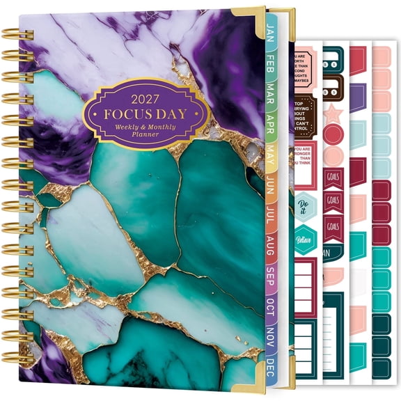 FOCUS DAY 2027 Weekly & Monthly Planner, Jan 2027 - Dec 2027, Spiral Bound Calendar Planner with Ruler, 12 Tabs & 4 Stickers, 6.5"x8.4" Agenda Book for Office, Home & School