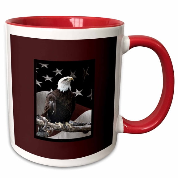 3drose, Bald Eagle on Log with American Flag, 11oz Two-tone Red Mug