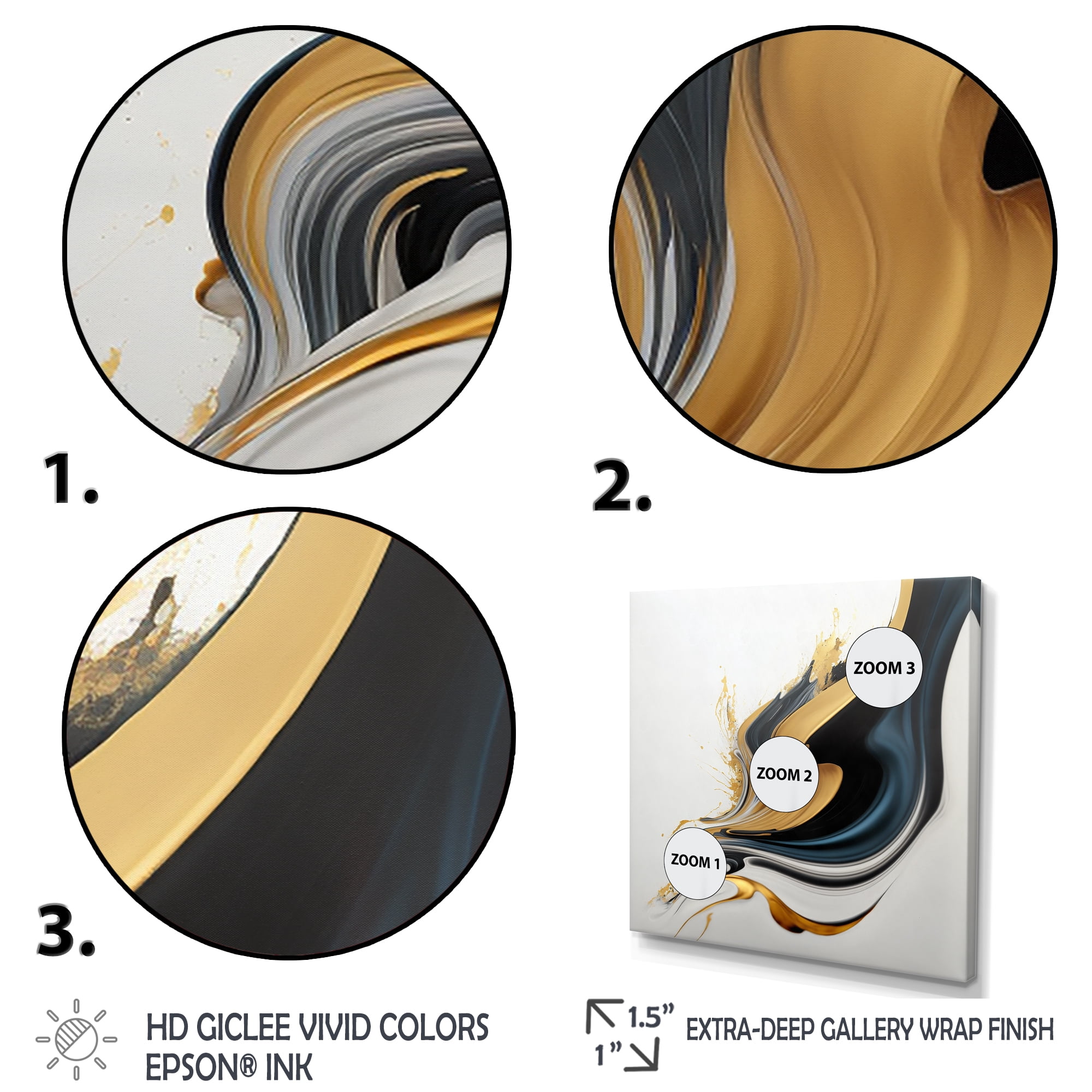 Designart Black, White And Gold Liquid Art III Canvas Wall Art