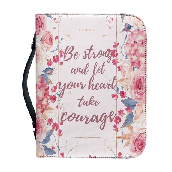 Suhoaziia Pink Flower Church Woman Lady Bible Bag,Durable PU Leather Bible Case Purse,Washable Bible Book Carrying Cover with Durable Side Handle,Size XL