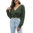 thumbnail image 2 of Jdlsppl Women's Long Sleeve Pullover Sweater Twist Knot Knit Crop Top Basic Loose Casual Bishop Sleeve Army Green Large, 2 of 4