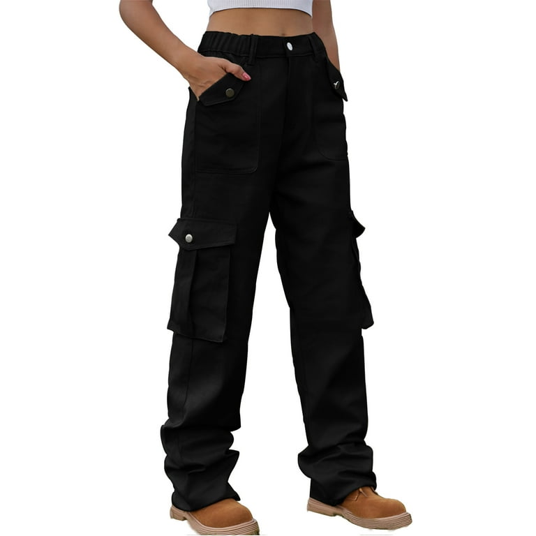 Cargo pants for women with pockets clearance Fashion Women's Spring/Summer  Pocket Button Mid Waist Tight Pants Work pants Black XXL