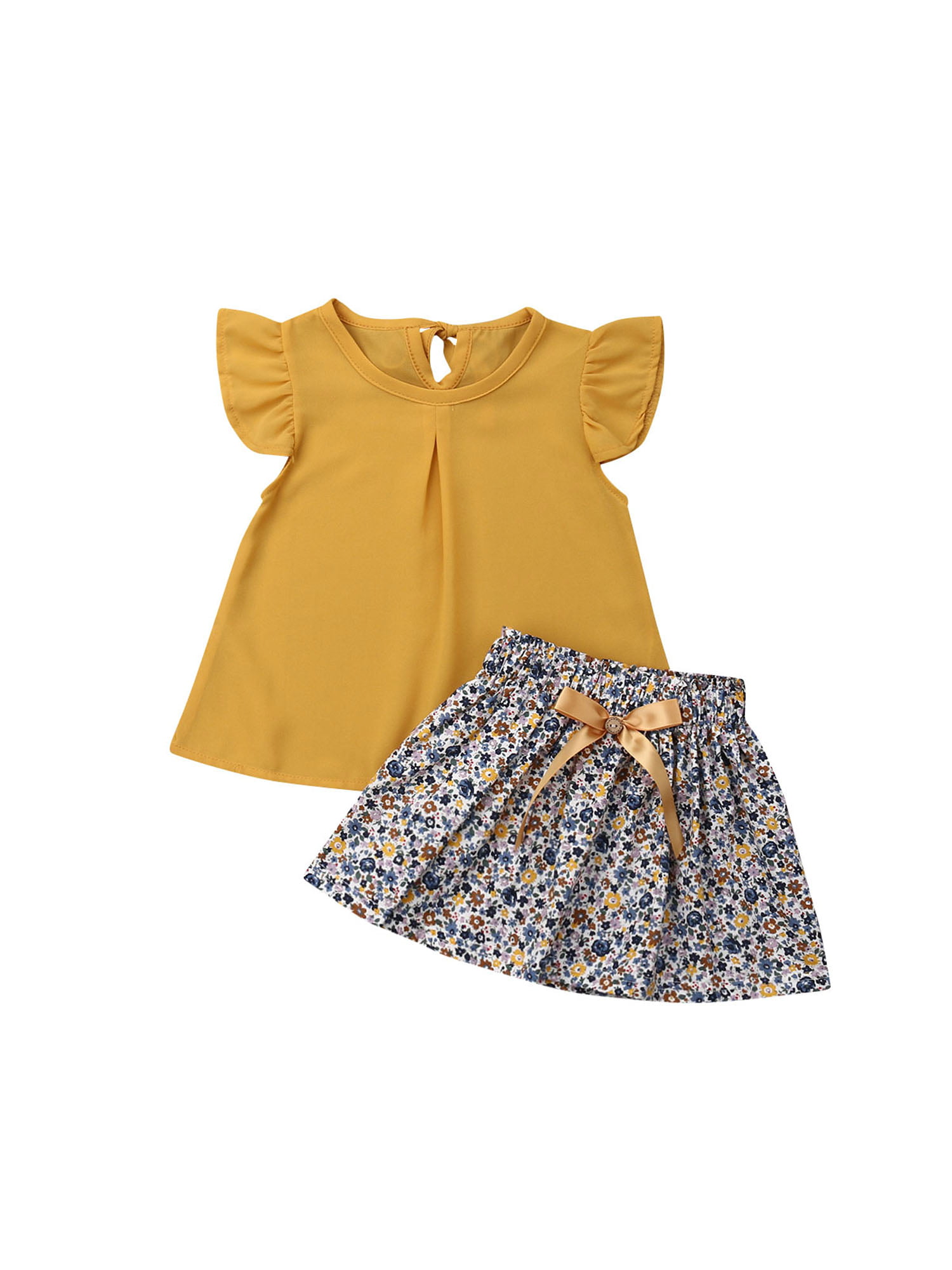 2PCS Toddler Baby Kid Girl Party Outfit Tops T-Shirt+Floral Tutu Skirt Set Dress 