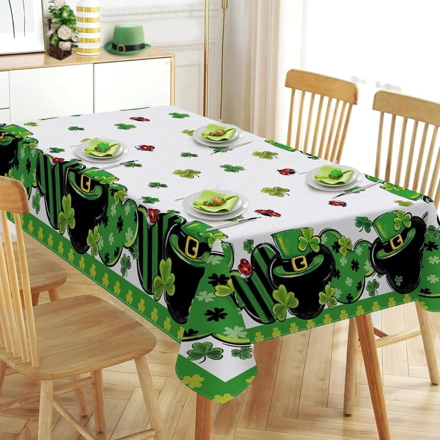 St Patricks Day Rectangle Tablecloth 60 x 84 Inch, Lucky Shamrock Clover Decorative Table Cloth Dining Table Cover, Spring Irish Ladybug Dinner Party Picnic Decoration