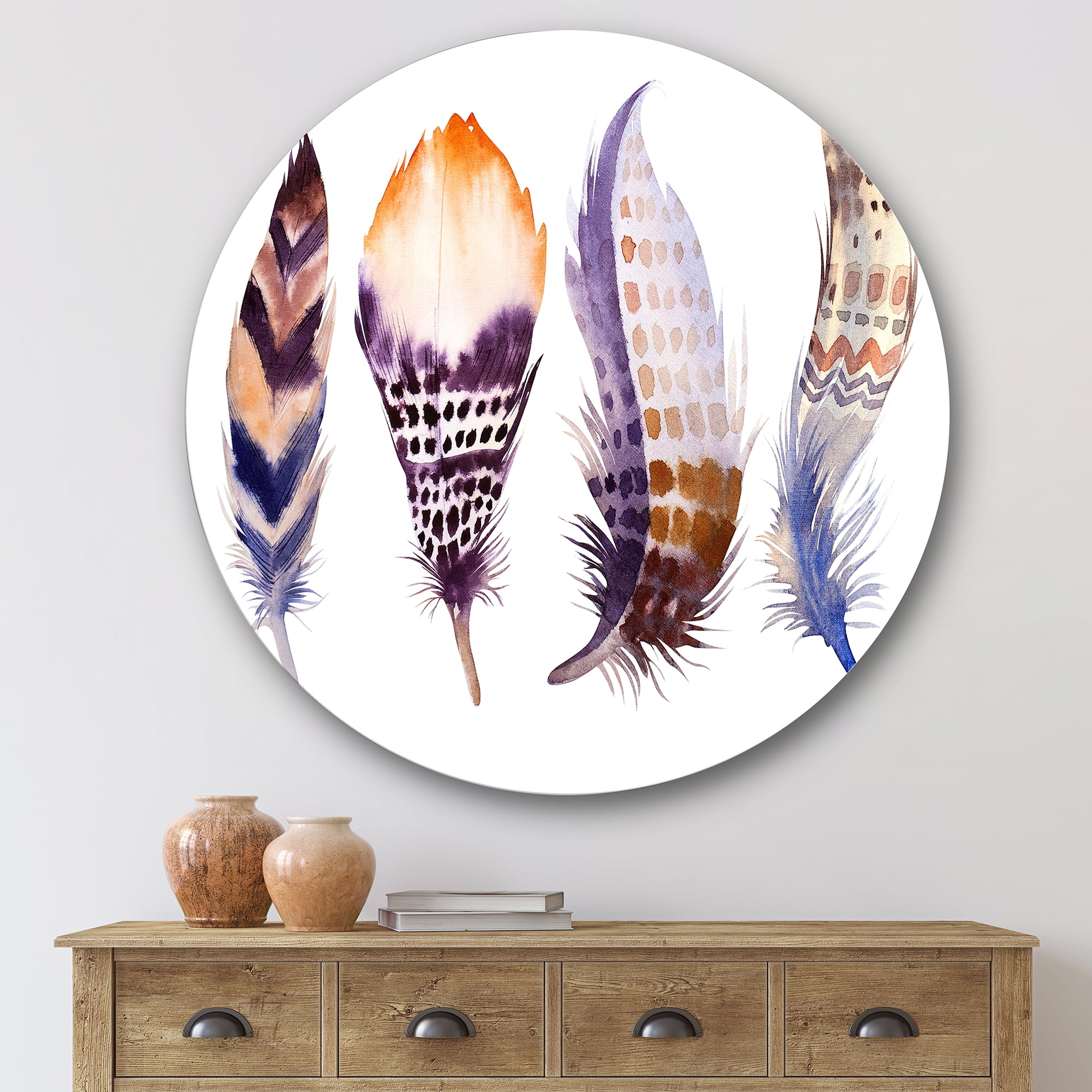 Designart 'Purple Boho Art Feathers' Bohemian & Eclectic Circle Metal Wall Art 36x36 - Disc of 36