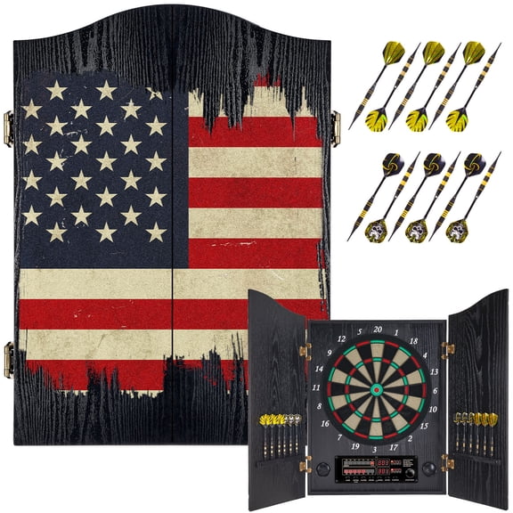 Yirinatek Electronic Dart Board, Decorative Dart Board Cabinet Set for Adults [12*Bronze Soft Tip Darts] [Cricket Game Mode]- Wooden Electric Dartboard Cabinet for Family Game Rooms [US Flag]