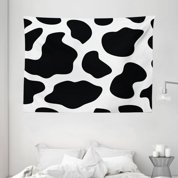 Cow Print Tapestry, Hide of a Cow with Black Spots Abstract and Plain Style Barnyard Life Print, Wall Hanging for Bedroom Living Room Dorm Decor, 80W X 60L Inches, Black White, by Ambesonne