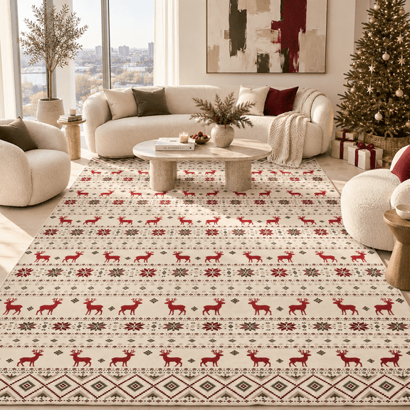 Wondiair 5x7 Christmas Area Rug for Living Room, Reindeer and Snowflake Design, Washable Non-Slip Low Pile for Bedroom Dining Room,Beige