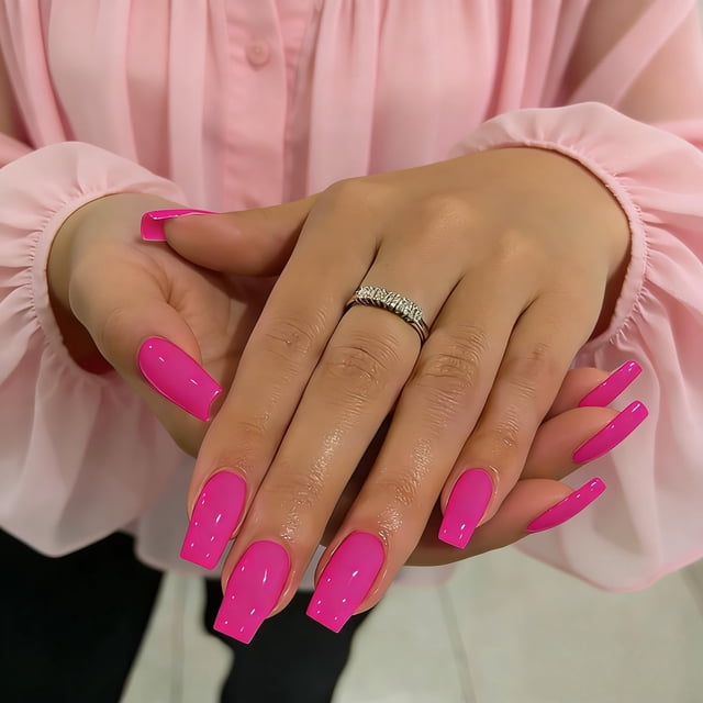 Uñas postizas JOYVVEW medianas largas cuadradas rosa neón 24 piezas