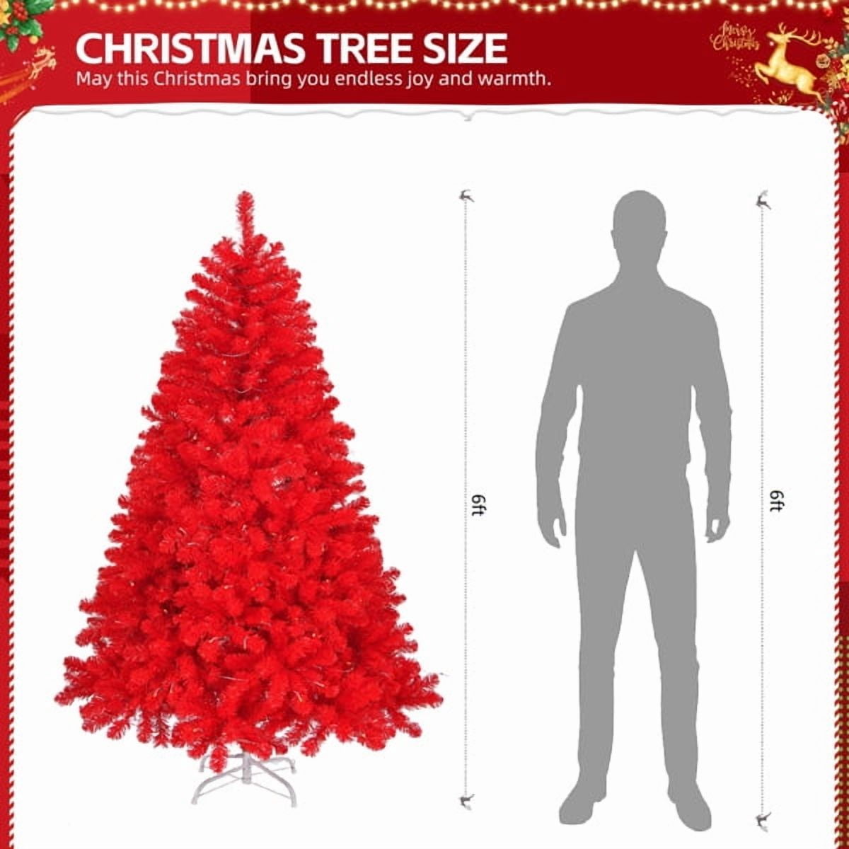 6FT Pre-Lit Red Christmas Tree - 800 PVC Branch Tips, 300 LED Lights (Warm/Cold White), 10 Modes w/Remote, Sturdy Iron Base, 3-Step Easy Setup - Artificial Holiday Centerpiece