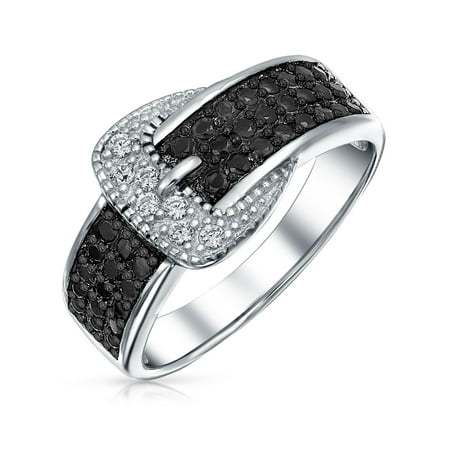 Trendy Fashion Pave Cubic Zirconia Black CZ Statement Belt Buckle Band Ring For Women 925 Sterling