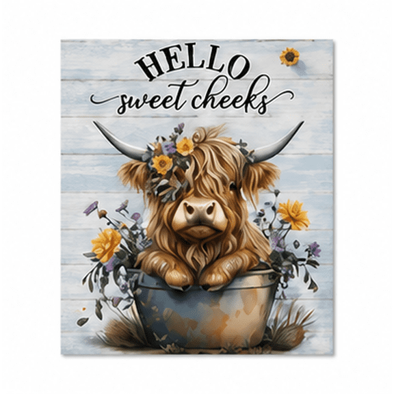 Hello Sweet Cheeks Framed Highland Cow Canvas Wall Art, 12x18 Inch Rustic Farmhouse Floral Sunflower Cow Canvas Print, Funny Bathroom Wall Decor for Living Room Bedroom Home Office, Cow Lover Gift