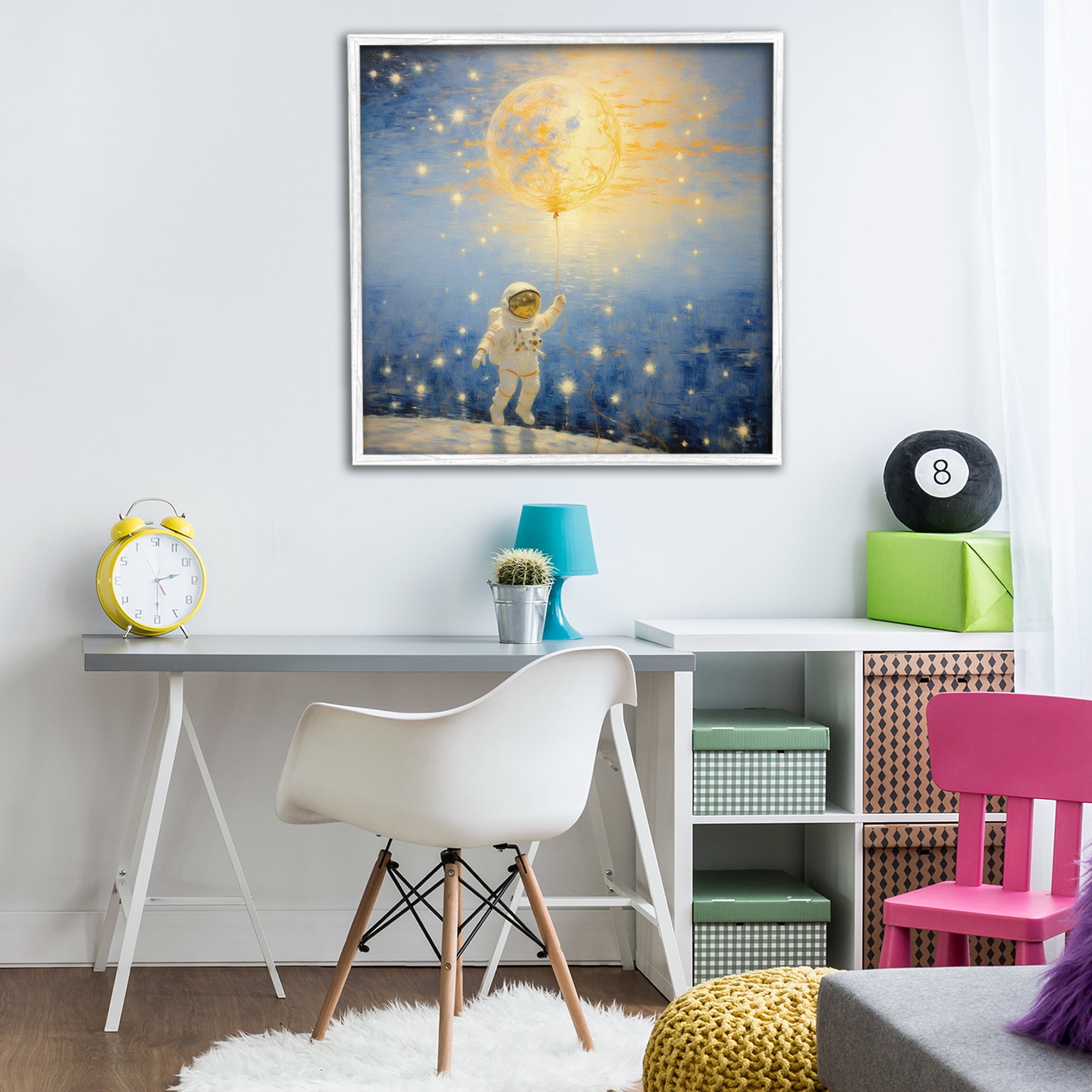 Astronaut with Dreamy Cosmic Balloon White Framed Giclee Art, design by Angie Hawke