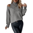 thumbnail image 4 of Women Cold Shoulder Sweater Turtelneck Cut Out Pullover Sweater Casual Long Sleeve High Neck 2 in 1 Tops Gray L, 4 of 10