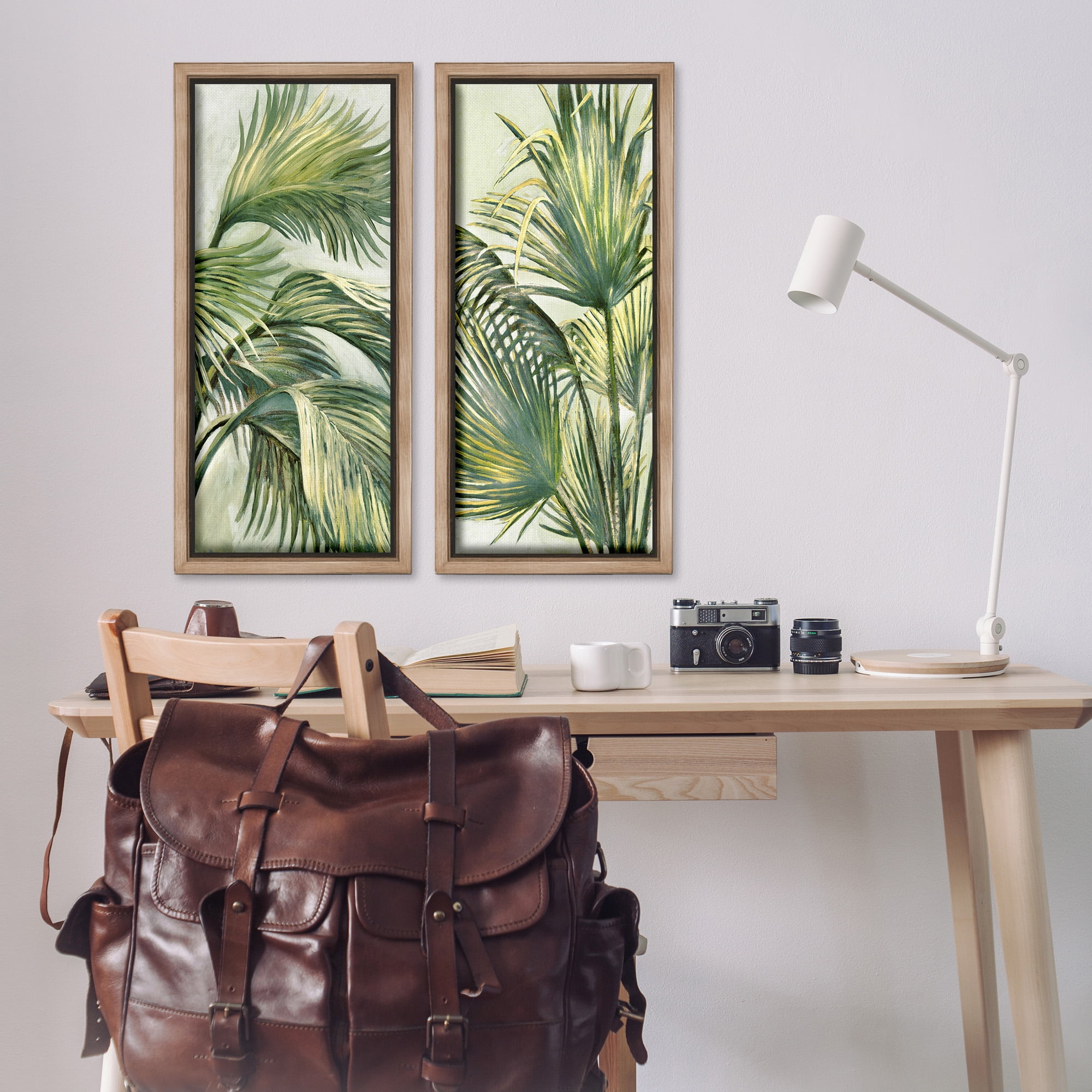 Stupell Industries Swaying Green Palms Botanical & Floral Painting Brown Floater Framed Canvas Art Print Wall Art, 15 x 31, Set of 2