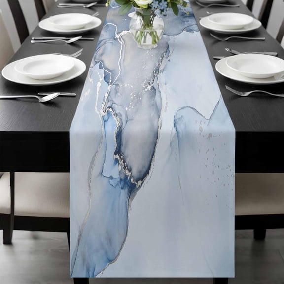 Marble Blue Table Runner 90 Inches Long, Modern Abstract Ink Painting Luxury Kitchen Coffee Dining Table Decoration for Home Party Birthday Wedding Home Decor 13x90 Inches