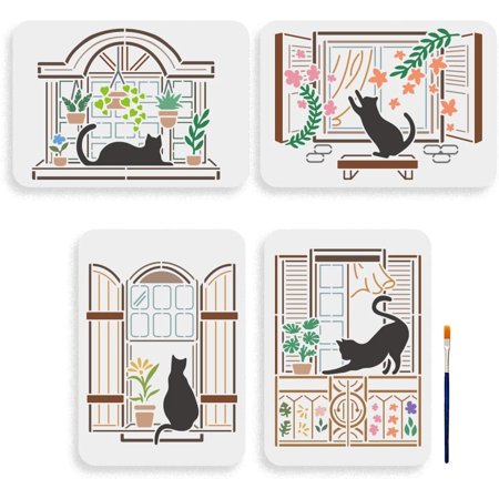 4pcs Window Cat Flower Stencils 11.7×8.3inch Large Room Window Sill Scenery Stencil with Paint Brush Potted Plants Curtain Cat Pet Animal Template for Cat Lovers Fabric Wall Furniture