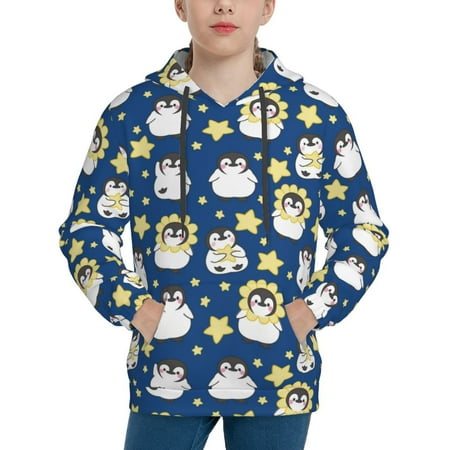 Picia Star Penguin Pattern Youth Hoodie - Warm Pullover Sweatshirt with Kangaroo Pocket Ideal for Boys and Girls-Small