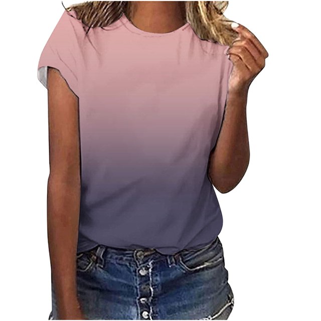 Yuyuzo T-Shirts à Manches Courtes pour Femmes, Col Rond, Dégradé de Couleur, Hauts d'Été Grande Taille