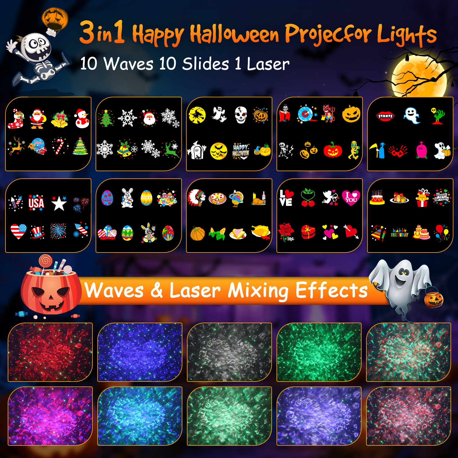 yankucat 3-in-1 Holiday Projector Light with Laser & Water Wave photo 2