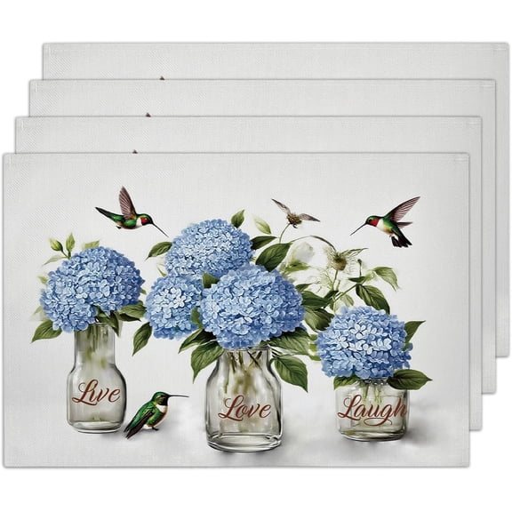 Blue Hydrangea Placemats Set of 4, Washable Heat Resistant Placemats Kitchen Table Mats,12x18 Inch Floral Place Mats for Home Restaurant Farmhouse, Indoor Outdoor Party Table Decoration