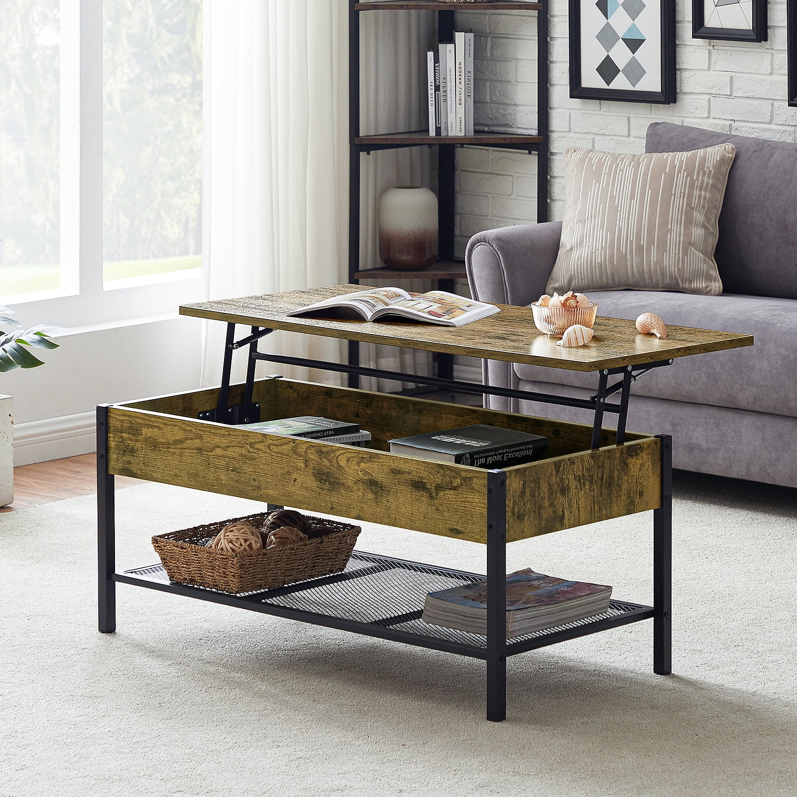 Lowestbest Lifting Coffee Table with Hidden Storage, Flip Top Coffee Table, Wooden Lifting Table for Living Room, Brown Lowestbest Lifting Coffee Table with Hidden Storage, Flip Top Coffee Table, Wooden Lifting Table for Living Room, Brown