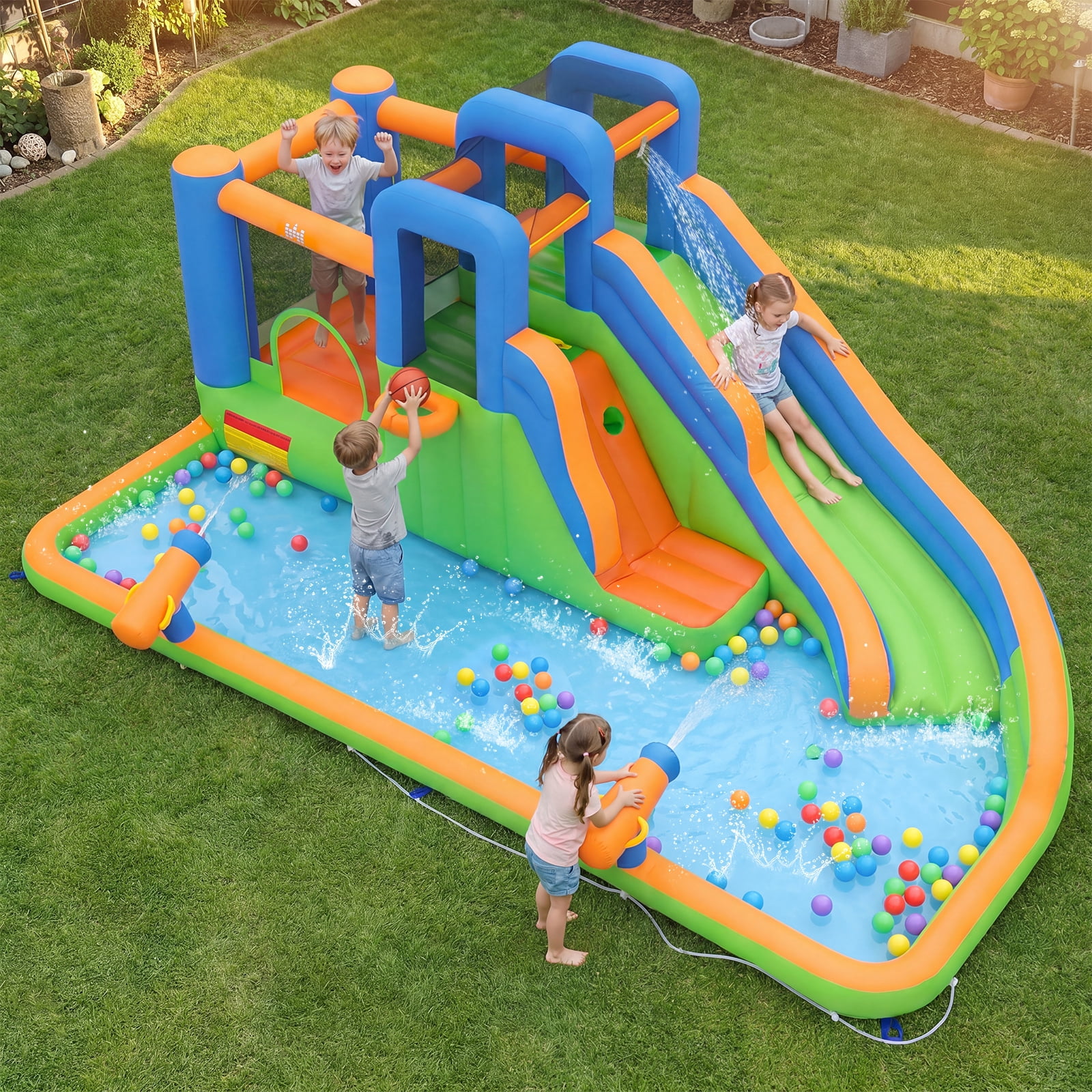 Costway Inflatable Water Slide Park with Slide, Jumping Area, Splash Pool, 2 Climbing Walls