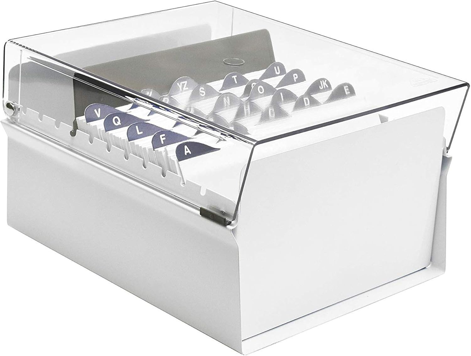 Acrimet 5 X 8 Card File Holder Organizer Box Metal Base Heavy Duty (AZ Index Cards and Divider Included) (White Color with Clear Crystal Plastic Lid Cover)