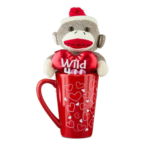 Small Sock Monkey Plush in Mug Gift Set, Red, Gray, and White, 10", Valentine's Day by Way To Celebrate