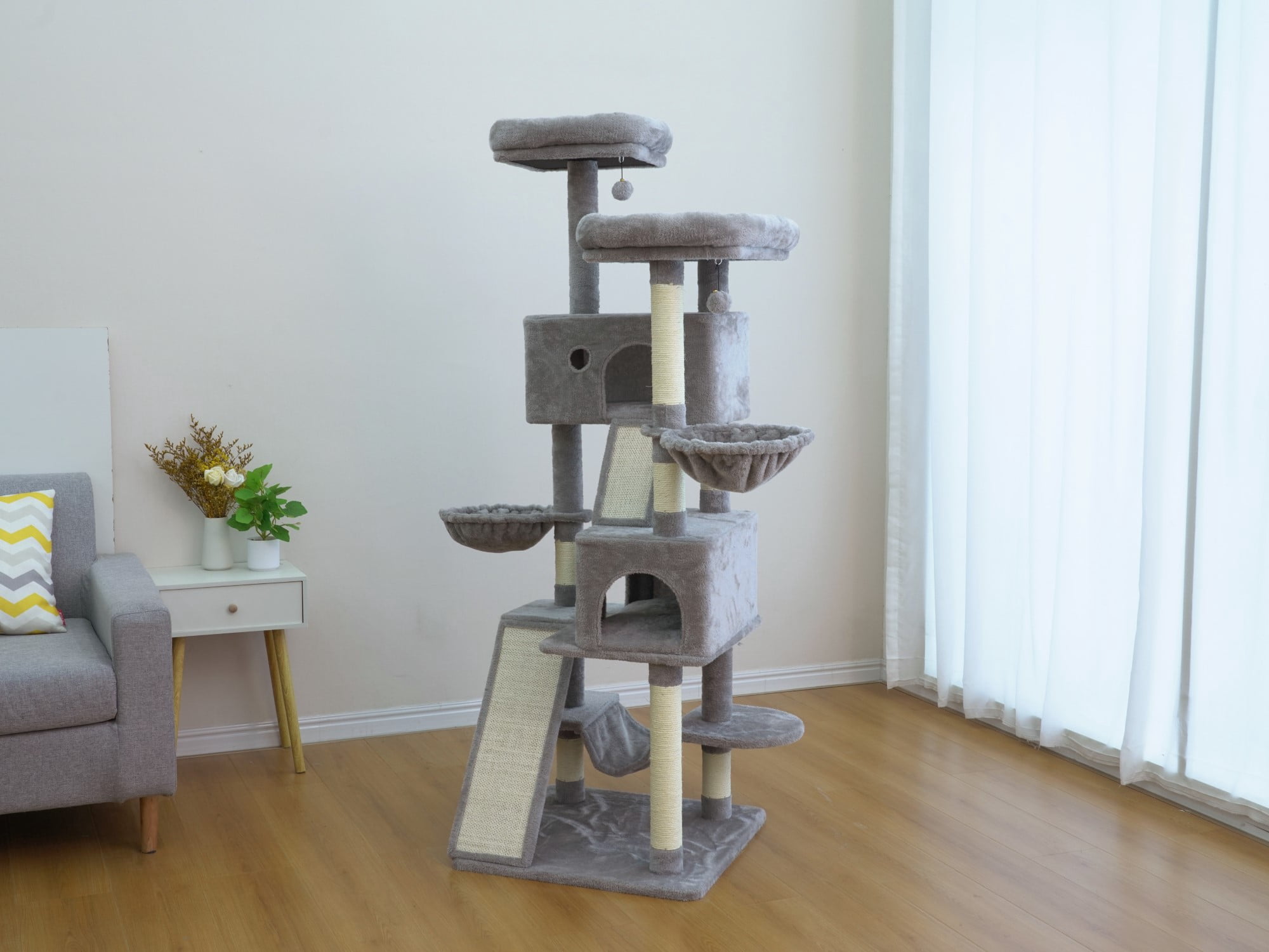 Vibrant Life Heavy Duty 8-Level 66" Cat Tree with Two Condos, Scratching Ramps, and Hammocks, Light Gray