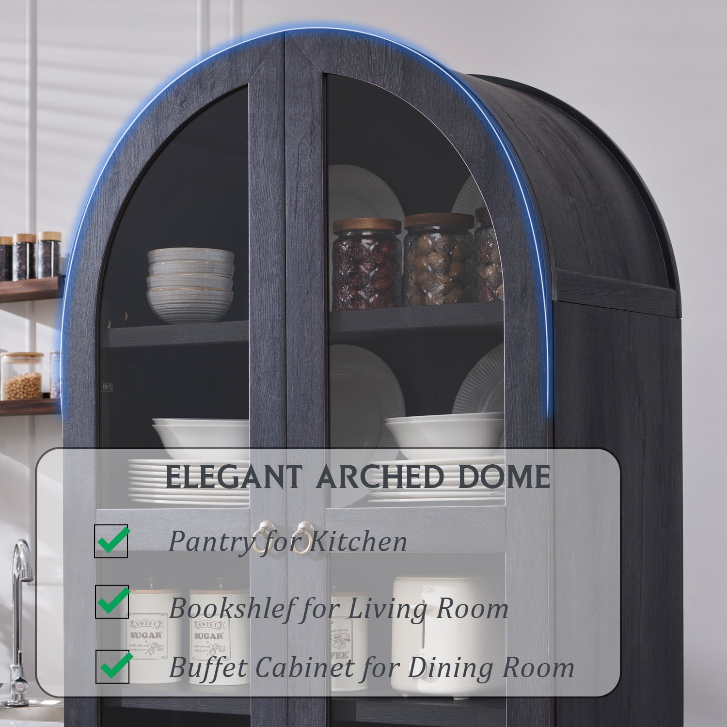SinCiDo Arched Kitchen Pantry Storage Cabinet, 71" Tall Wood Pantry Shelves with 2 Doors & 2 Large Drawers for Dining Room Living Room
