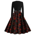 thumbnail image 4 of WTOBBY Women's Elegant Retro V-Neck Swing Dress Featuring Halloween Print, Long Sleeves, Waist Bow Tie Detail, and Classic Hepburn Style for Casual Parties ,Black L, 4 of 4