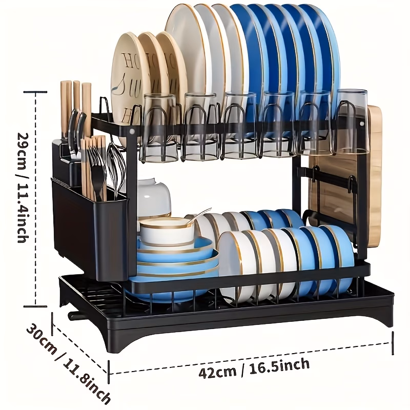 Large 2-Tier Dish Drying Rack with Drip Tray and Drainage Device, Kitchen Counter Dish Drainer for Plates, Knives, Cups and Cutting Boards