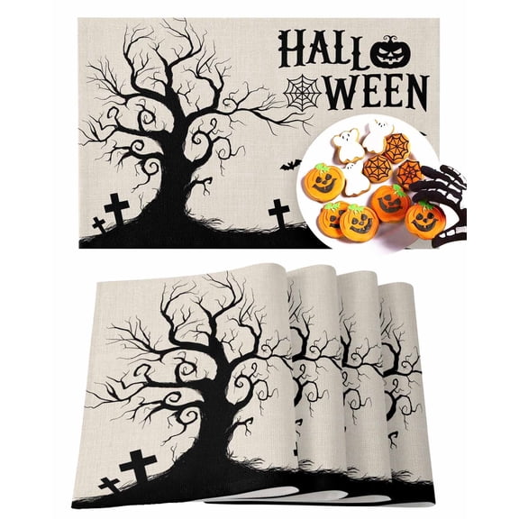 Halloween Placemats Set of 4 Black Bat Tombstone Place Mats Fall Placemat Cobwebs Tree Pumpkin Linen Table Mats for Dining Kitchen Table Holiday Dinner Party Home Decorations 13x19 Inch