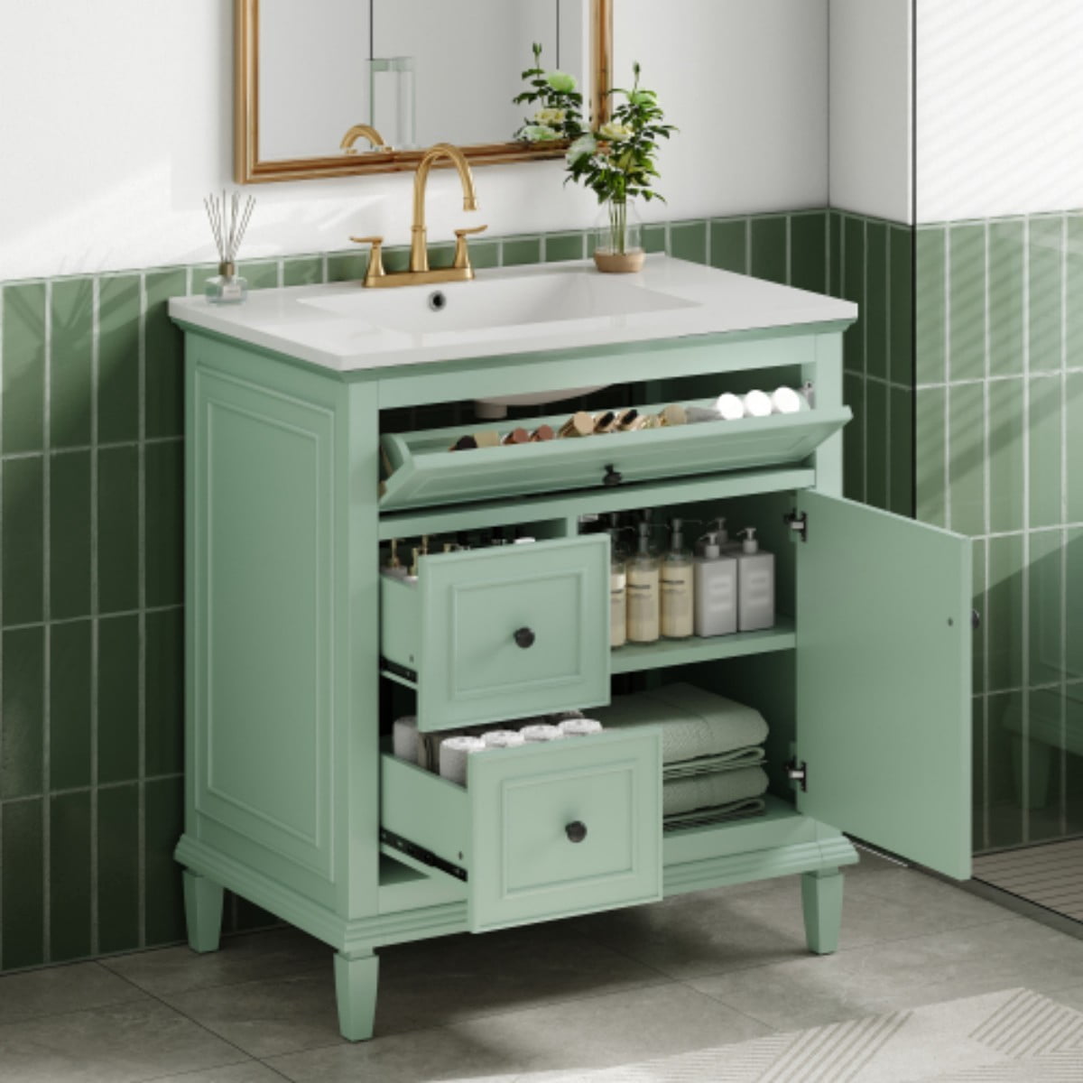 30" Bathroom Vanity with Sink, Modern Bathroom Cabinet with Ceramic Vanity Sink, Solid Wood & MDF Storage Cabinet with Flip Drawer, Adjustable Shelf, Green