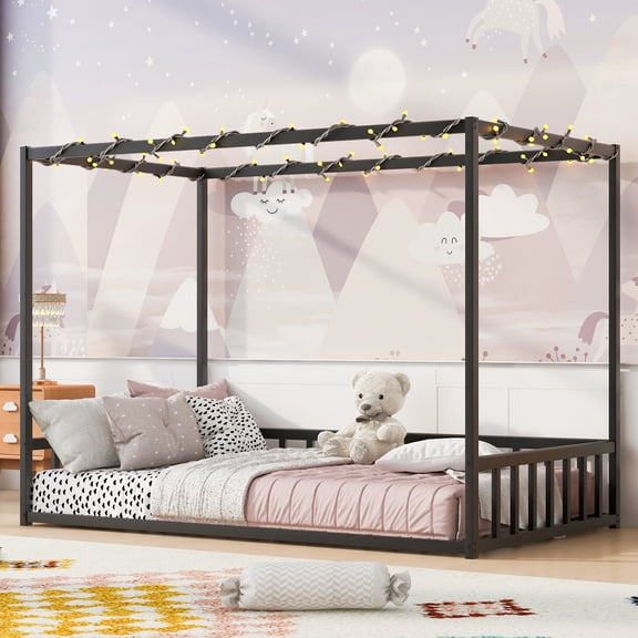 Mintazer Twin Size Kids Sunshade Floor Bed Frame with Guardrails, Canopy Floor Bed for Low Profile, Black
