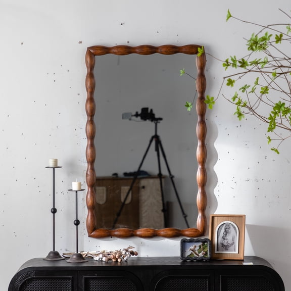 Noble House 36.02" Mid-Century Swirl Wood Frame Wall Mirror, Wooden Decorative Full-Length Mirror for Bedroom, Walnut