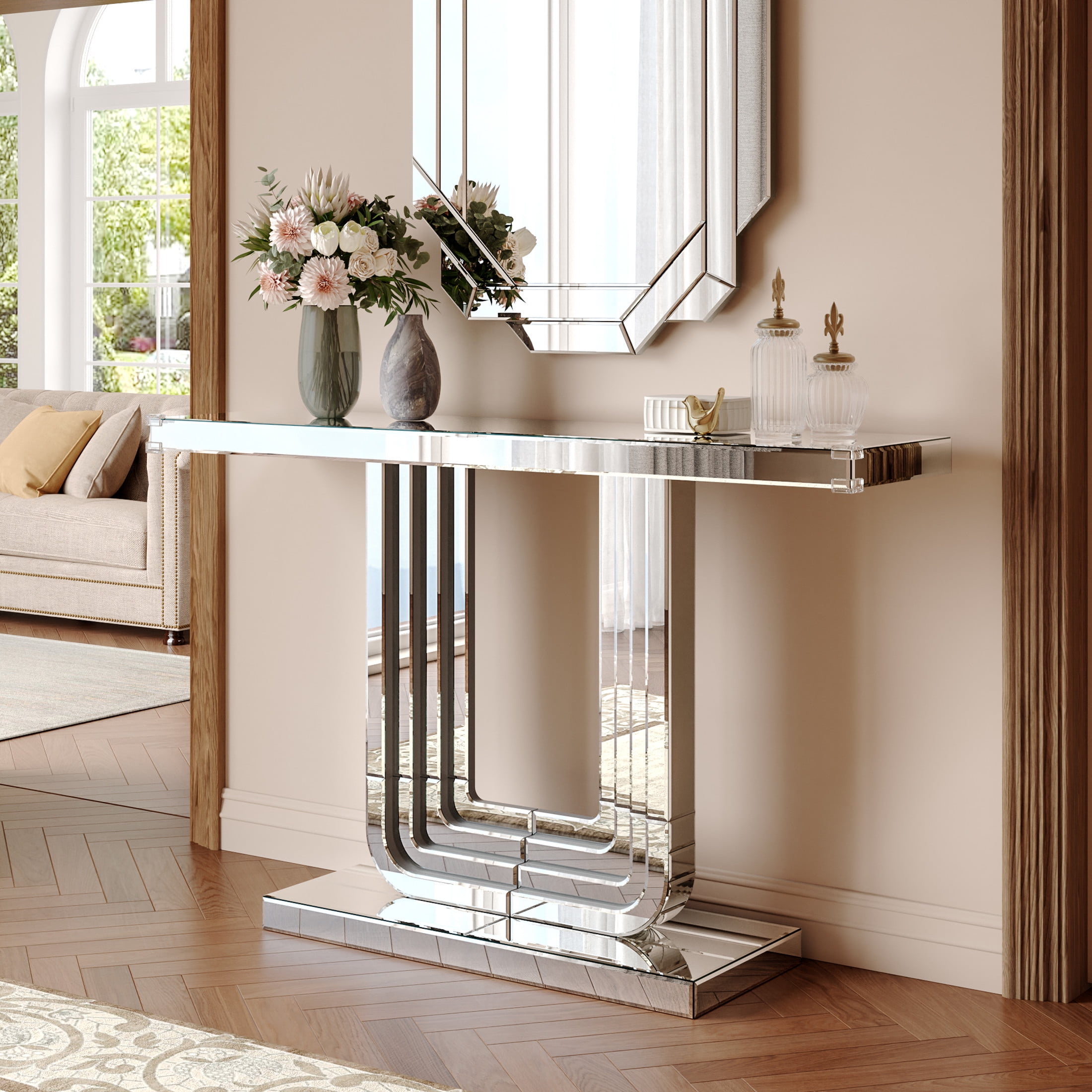 Noble house Mirrored Console Table, Silver Entryway Table with U-Base and Hand-Spliced Line Design,Silver